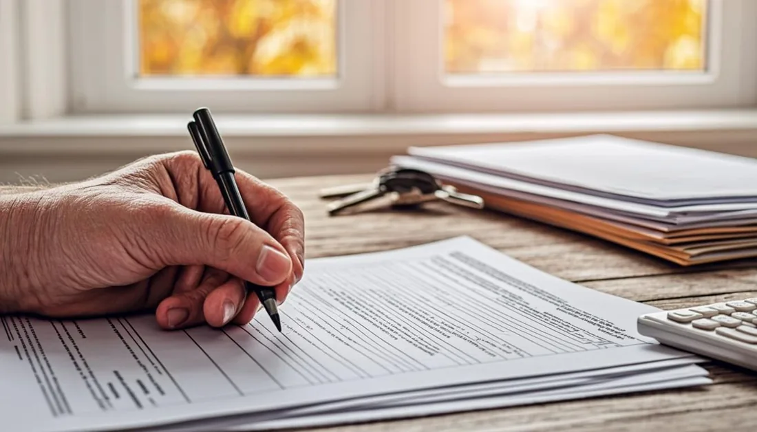 Motorist completing a Connecticut DMV replacement title application at a desk beside car keys