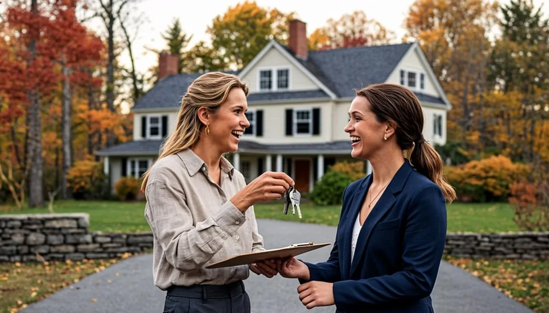 Buyer and seller exchanging keys and paperwork in the driveway of a Connecticut colonial home in autumn