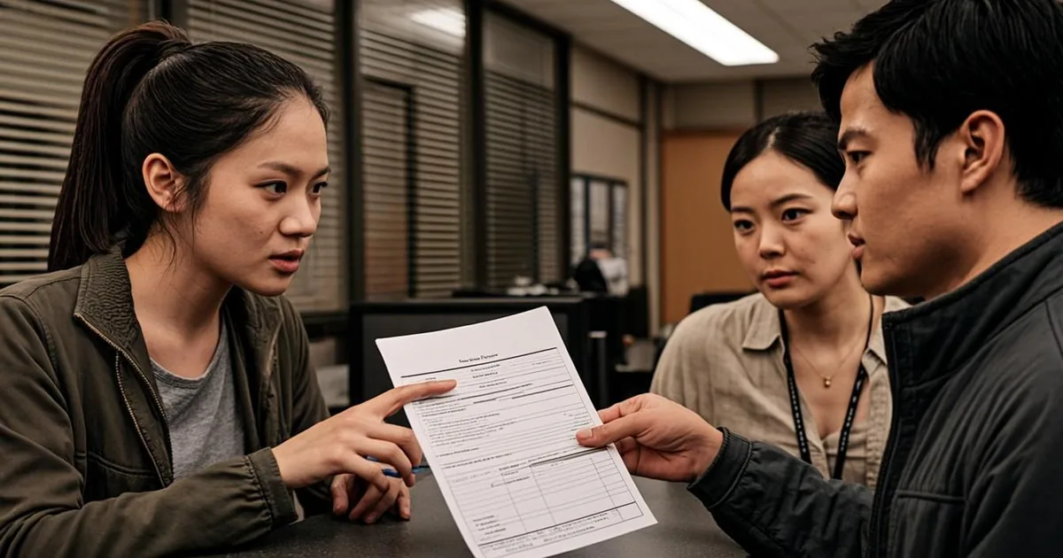 Seller and buyer completing a vehicle title transfer together at a Delaware DMV counter