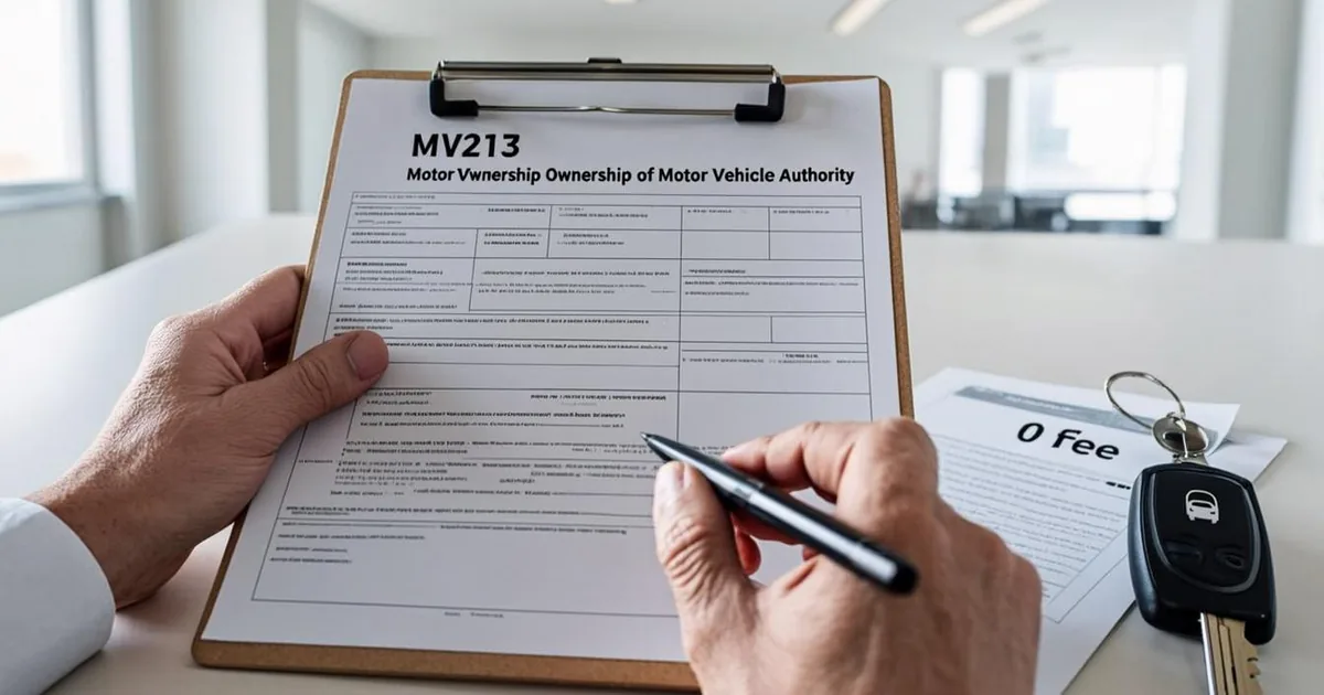 Delaware vehicle owner completing a duplicate title application MV213 at a desk