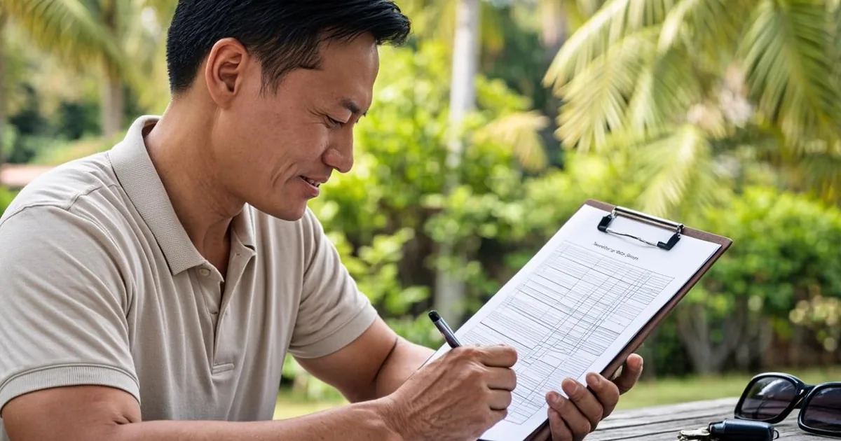 Florida driver completing duplicate title application form HSMV 82109 at a home desk