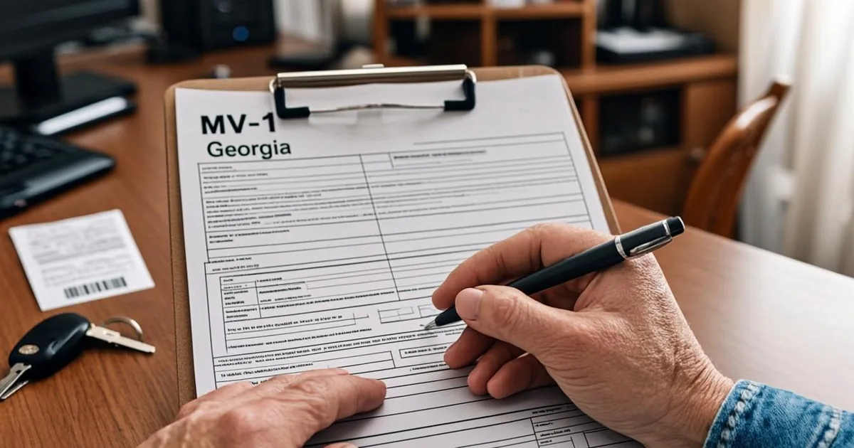 Georgia driver completing MV-1 title tag application for an eight dollar replacement title