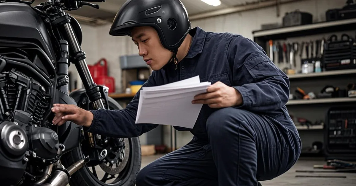Rider in a garage checking the VIN on a motorcycle frame while holding title paperwork