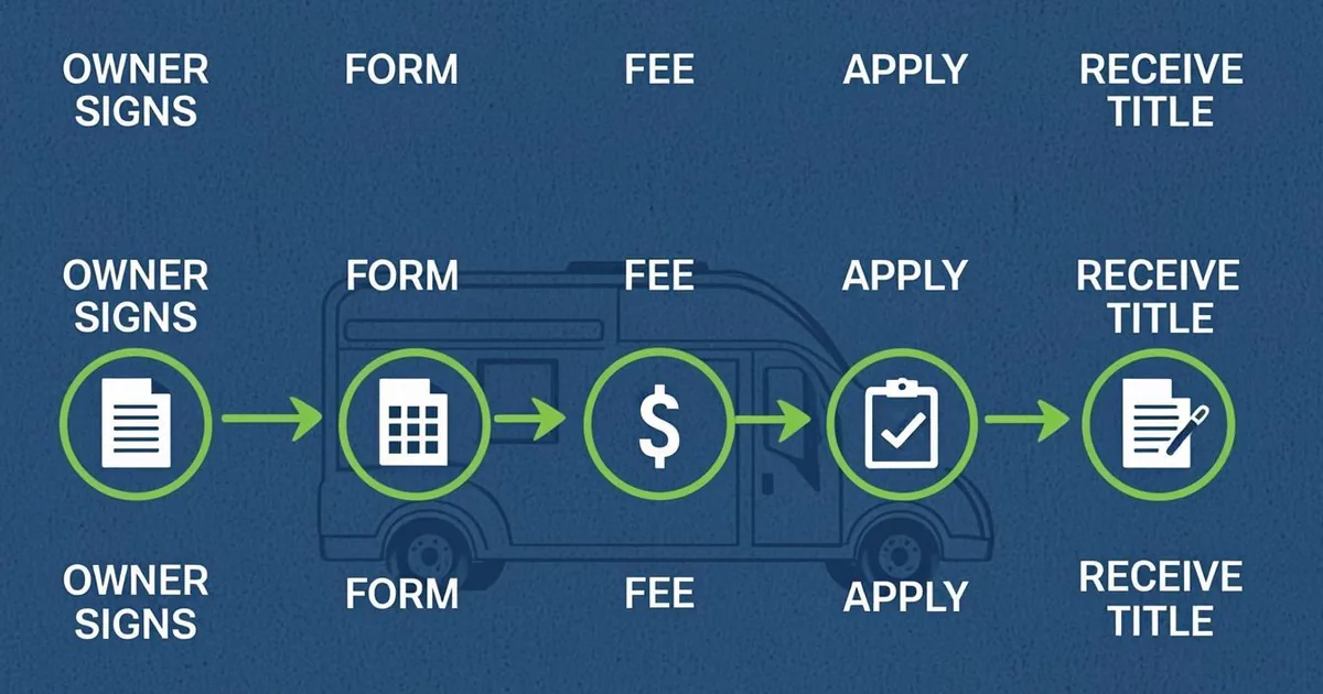 Step-by-step infographic showing the five stages of replacing a lost RV title