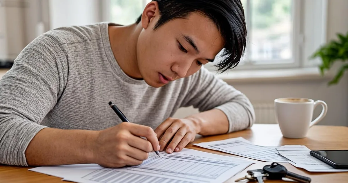 Seller completing a duplicate title application at a kitchen table with car keys and paperwork