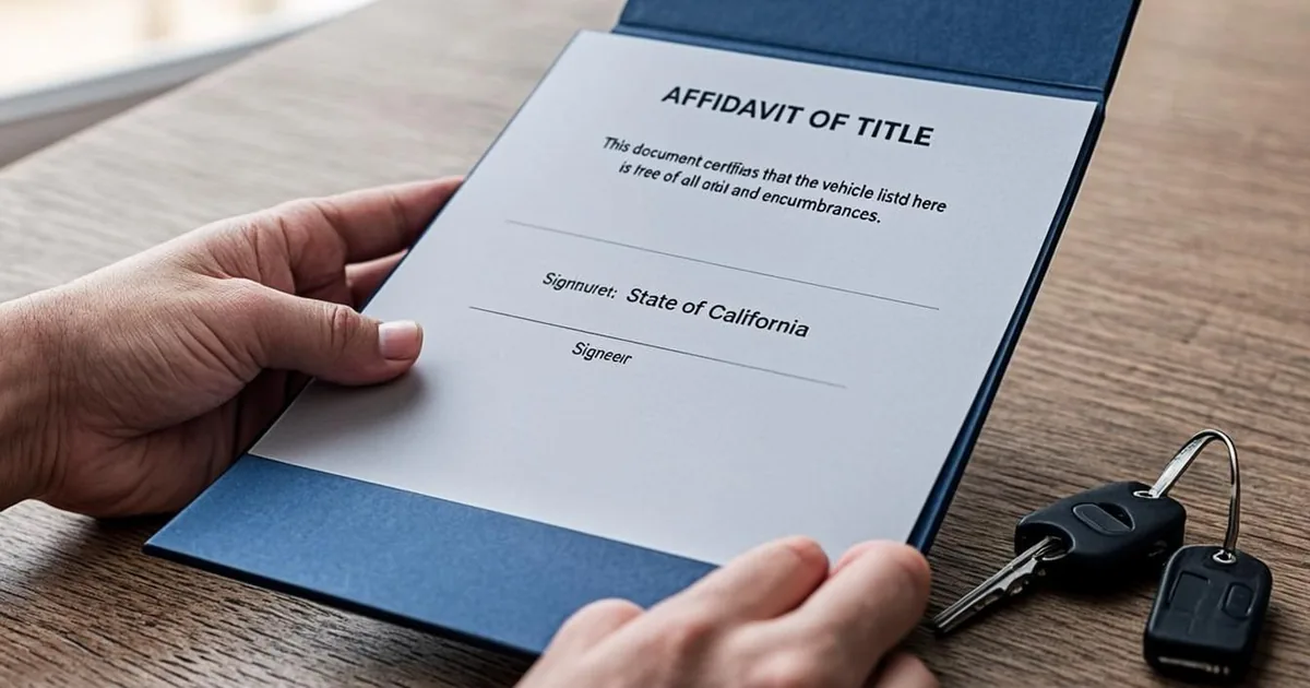 Family member organizing death certificate, affidavit, and vehicle paperwork for an inherited car title