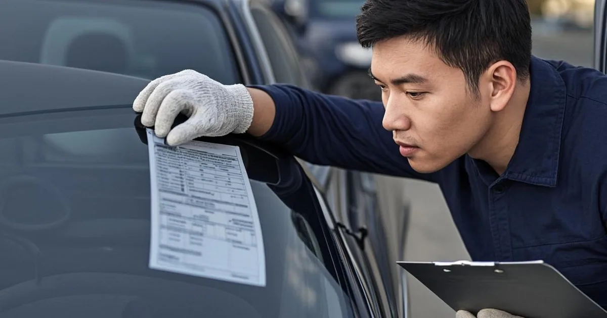 DMV officer performing VIN verification on a vehicle with a lost title