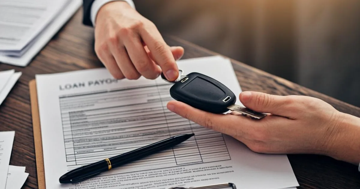 Car owner speaking with a bank loan officer about a vehicle title and payoff documents