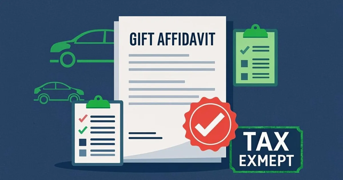 Illustration of the gift affidavit and title paperwork used in family vehicle transfers